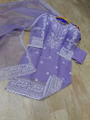 3 Pcs Women's Stitched Organza Embroidered Suit thumbnail 3