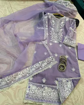 3 Pcs Women's Stitched Organza Embroidered Suit thumbnail 4