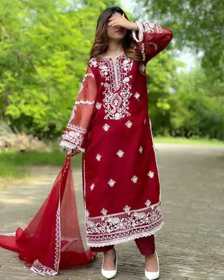 3 Pcs Women's Stitched Organza Embroidered Suit