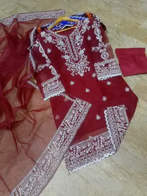 3 Pcs Women's Stitched Organza Embroidered Suit thumbnail 7