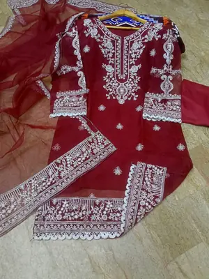3 Pcs Women's Stitched Organza Embroidered Suit thumbnail 8