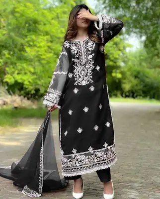 3 Pcs Women's Stitched Organza Embroidered Suit