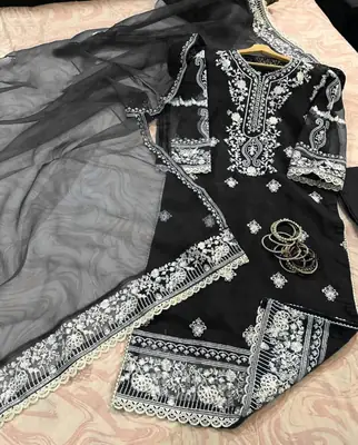 3 Pcs Women's Stitched Organza Embroidered Suit thumbnail 2