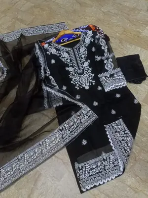 3 Pcs Women's Stitched Organza Embroidered Suit thumbnail 3