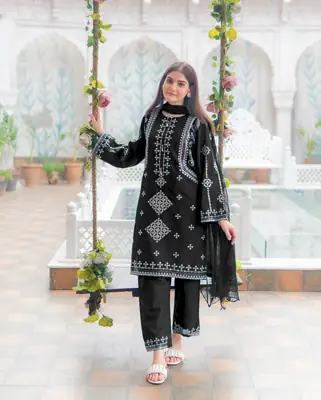 3 Pcs Women's Stitched Cotton Embroidered Suit thumbnail 2