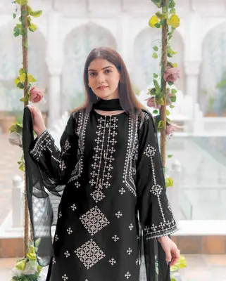 3 Pcs Women's Stitched Cotton Embroidered Suit thumbnail 3