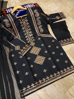 3 Pcs Women's Stitched Cotton Embroidered Suit thumbnail 4