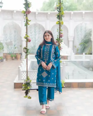 3 Pcs Women's Stitched Cotton Embroidered Suit thumbnail 2