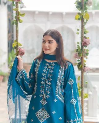 3 Pcs Women's Stitched Cotton Embroidered Suit thumbnail 3