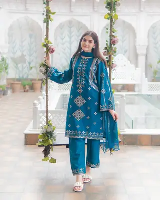 3 Pcs Women's Stitched Cotton Embroidered Suit thumbnail 4