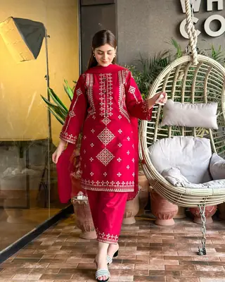 3 Pcs Women's Stitched Cotton Embroidered Suit