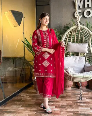 3 Pcs Women's Stitched Cotton Embroidered Suit thumbnail 2