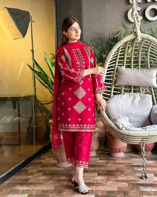 3 Pcs Women's Stitched Cotton Embroidered Suit thumbnail 3