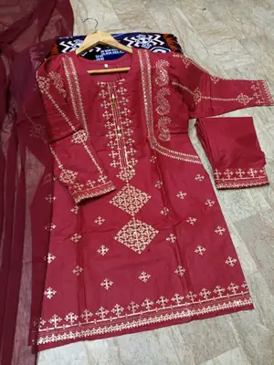 3 Pcs Women's Stitched Cotton Embroidered Suit thumbnail 5