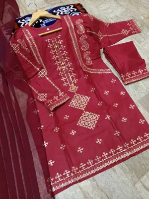 3 Pcs Women's Stitched Cotton Embroidered Suit thumbnail 6