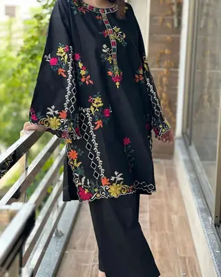 2 Pcs Women's Stitched Linen Embroidered Shirt And Trouser