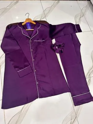 Purple Silk Pajama Set for Women with Piping Work thumbnail 2
