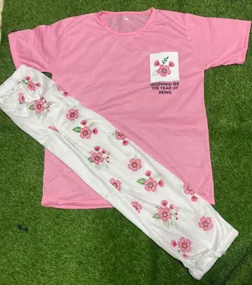 2 Pcs Women's Stitched Cotton Jersey Printed Night Suit thumbnail 2