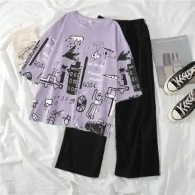 2 Pcs Women's Stitched Cotton Jersey Printed Night Suit thumbnail 2