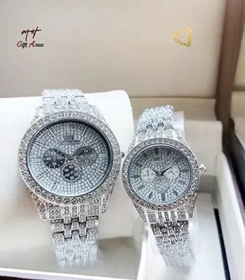 Unisex Rose Gold Couple Watches 2Pcs Crystal Chain Strap thumbnail 3