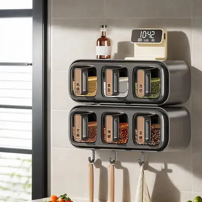 Wall Mounted Seasoning Box Condiment Containers – Transparent Space Saving Kitchen Storage Organizer