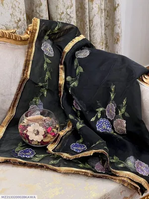 Stunning Black Organza Dupatta with Hand Embroidery & Beads - 1 Pc thumbnail 2