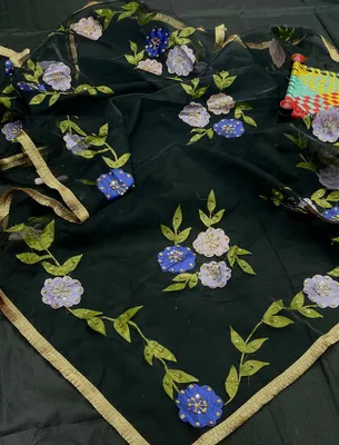 Stunning Black Organza Dupatta with Hand Embroidery & Beads - 1 Pc thumbnail 3