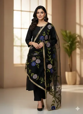 Stunning Black Organza Dupatta with Hand Embroidery & Beads - 1 Pc