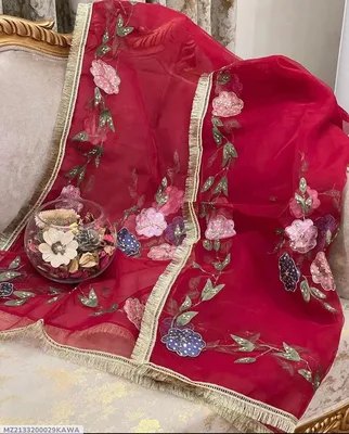 Elegant Red Organza Dupatta with Hand Embroidery & Beaded Detailing - 1 Pc thumbnail 2