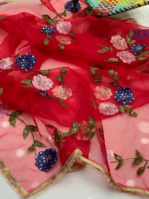 Elegant Red Organza Dupatta with Hand Embroidery & Beaded Detailing - 1 Pc thumbnail 3