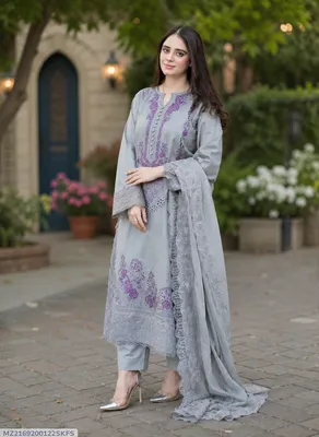 Grey Chikankari 3-Piece Women's Suit Set