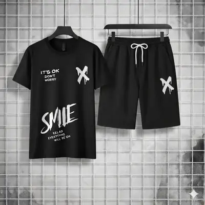 2 Pcs Men's Dri Fit Printed T-Shirt & Shorts Tracksuit