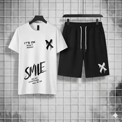 2 Pcs Men's Dri Fit Printed T-Shirt & Shorts Tracksuit