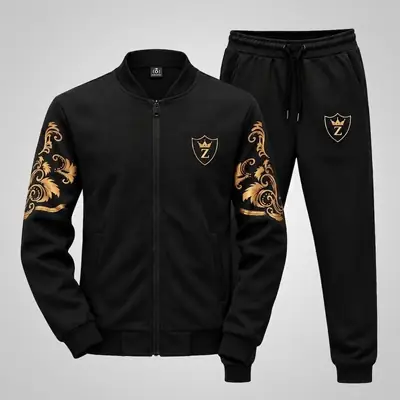 2 Pcs Men's Fleece Printed Zipper Track Suit