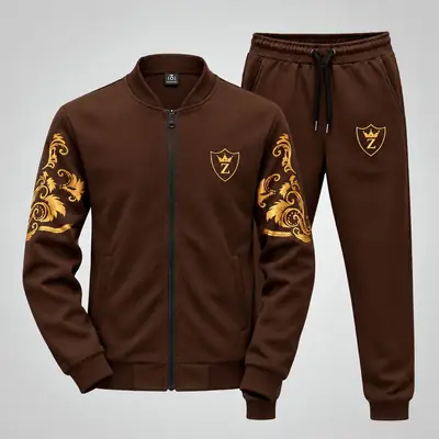 2 Pcs Men's Fleece Printed Zipper Track Suit