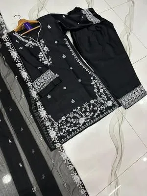 Black Embroidered Farshi Shalwar Set 3Pcs Neck Sleeve Daman Thread thumbnail 2