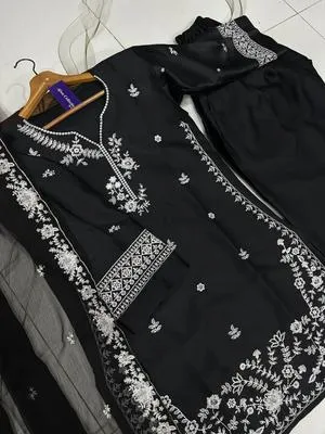 Black Embroidered Farshi Shalwar Set 3Pcs Neck Sleeve Daman Thread thumbnail 3