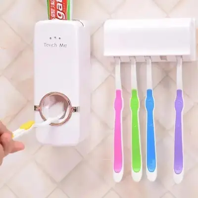 Touch-Free Toothpaste Dispenser with Wall Brush Holder Silver ABS