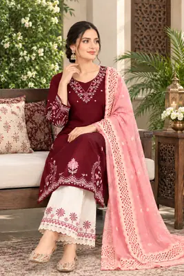 3 Pcs Women's Unstitched Embroidered Suit