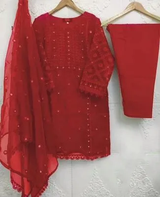 Maroon Embroidered 3Pcs Organza Suit for Women