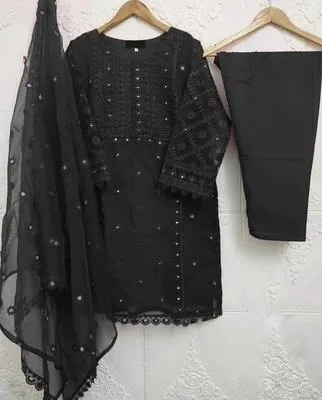Black Embroidered 3Pcs Women Suit with Pearls & Dupatta