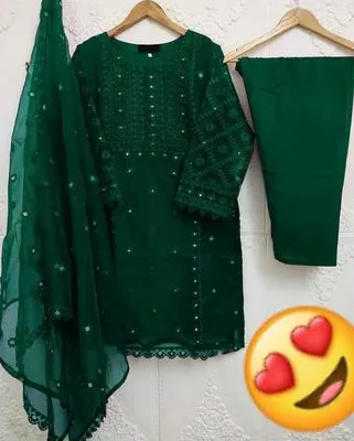 Green Embroidered 3Pcs Women Suit with Pearls