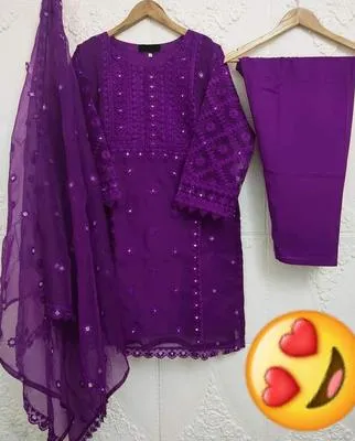 Purple Embroidered 3Pcs Women Suit with Pearls
