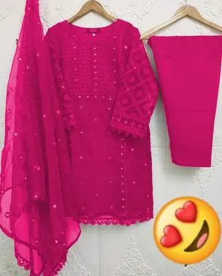 Pink Embroidered 3Pcs Women Suit Organza Malai Crepe
