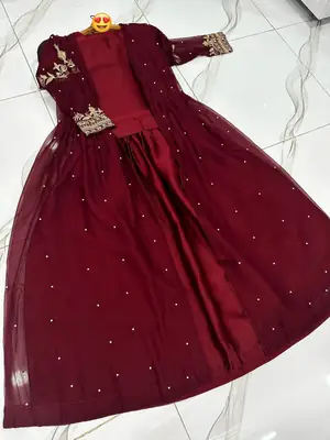 3 Pcs Women's Stitched Shamoz Silk Plain Gown Suit thumbnail 2