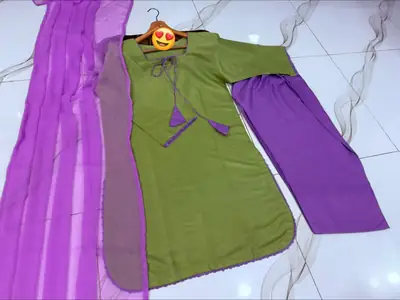 3 Pcs Women's Stitched Cotton Plain Suit thumbnail 2