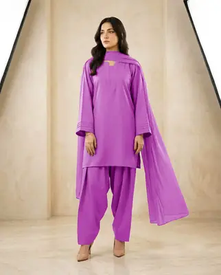 3 Pcs Women's Stitched Cotton Plain Suit