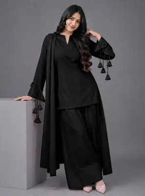 3 Pcs Women's Stitched Linen Plain Suit
