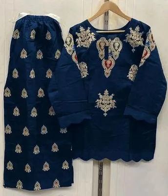 Blue Embroidered 2-Piece Cotton Suit for Women