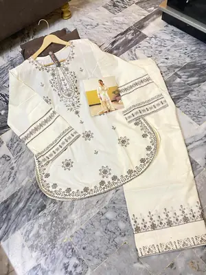 2 Pcs Women's Stitched Cotton Embroidered Shirt And Trouser thumbnail 3